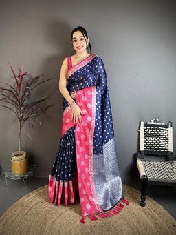 Elora - Navy Blue Soft Silk Silver Zari Butti Banarasi Saree With Unstitched Blouse