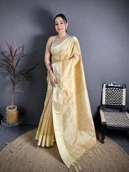 Elora - Beige Raw Silk Khadi Weaving Pallu & Zari Weaving Border Saree With Unstitched Blouse