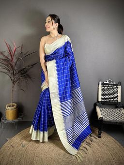 Elora - Blue Raw Silk Khadi Weaving Pallu & Zari Weaving Border Saree With Unstitched Blouse