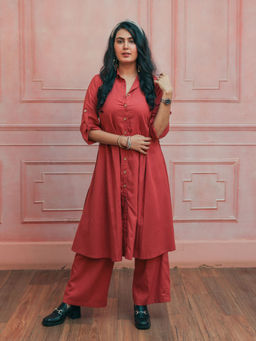 House of Surkh - Tomato Red Linen Kurta With Palazzo (Set of 2)
