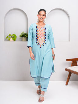 Ishnya - Zaib-Powder Blue Embroidered Kurta With Pant (Set of 2)