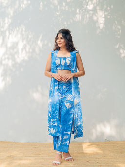 LABEL MAE - Blue Bandeau Crop Top With Pant And Jacket (Set of 3)