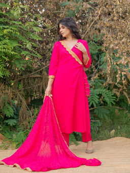LABEL MAE - Rani Pink Angrakha Kurta With Pant And Dupatta (Set of 3)