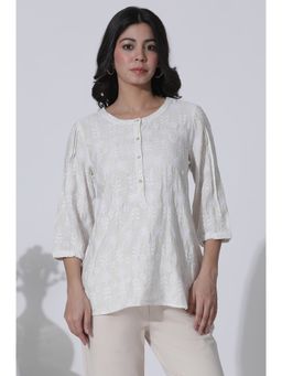 W - Schiffli Top with Curved Hemline