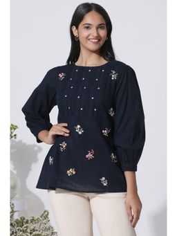 W - Navy Blue Embroidered Cotton Top with Schiffli Yoke