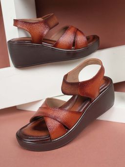 Dollphin - Women Tan Leather Wedge Heel Sandals