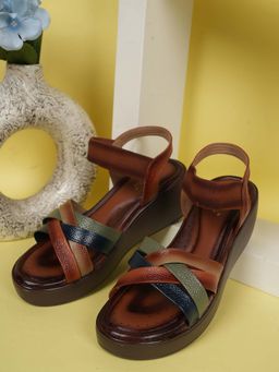 Dollphin - Women Tan Leather Block Sandal Heels