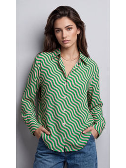 Twenty Dresses by Nykaa Fashion - Green & White Poly Crepe Multi Stripes Printed Shirt