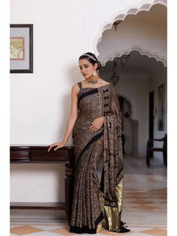 Geroo Luxe - Black Hand Block Printed Silk Zari Ajrakh Saree with Unstitched Blouse