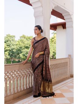 Geroo Luxe - Brown Block Printed Silk Zari Pallu Ajrakh Saree with Unstitched Blouse