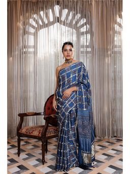 Geroo Luxe - Handcrafted Blue Zari Check Pattern Ajrakh Saree with Unstitched Blouse