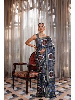 Geroo Luxe - Indigo Ajrakh Golden Zari Checks Saree with Unstitched Blouse