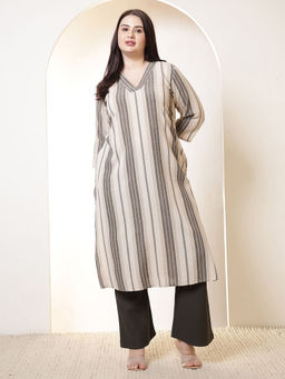 Amydus - Plus Size Beige V-Neck Cotton Kurta