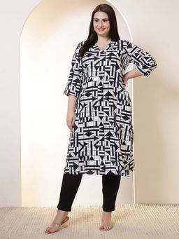 Amydus - Plus Size Black and White Geometric Print V Neck Kurta