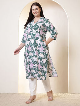 Amydus - Plus Size Green and Pink Flower Print V-Neck Rayon Kurta