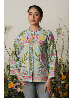HOUSE OF KARI - Kashmiri Aari Work Cotton Jacket - Sky Blue