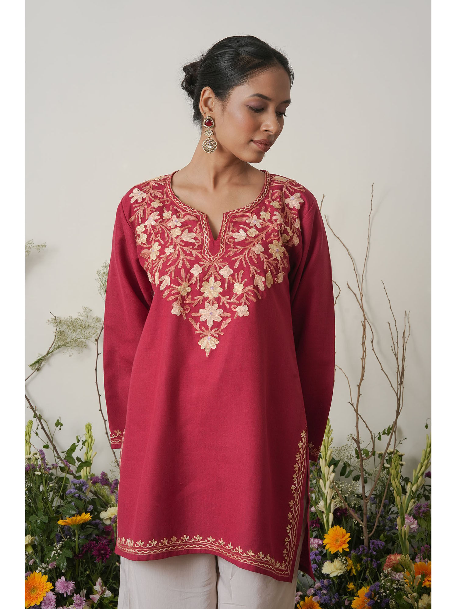 Kashmiri Aari Work Cotton Short Kurti - Maroon-image-9
