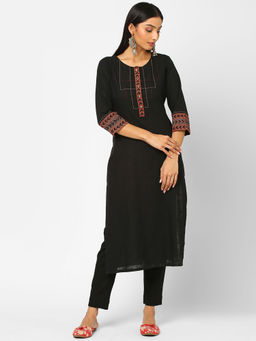 Kami Kubi - Straight Fit Cotton Kurta with Stitch Lines Detailing