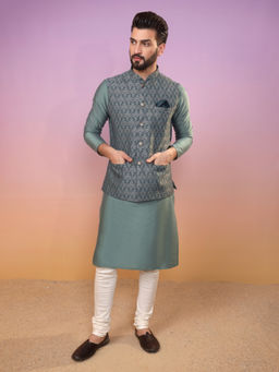 KISAH - Men Grey Woven Cotton Blend Kurta Jacket with Churidar (Set of 3)