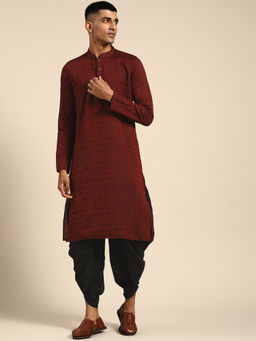 KISAH - Men Maroon Woven Cotton Blend Kurta with Dhoti (Set of 2)