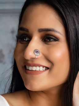 Sheer by Priyaasi - Oxidised Silver Ruby Stone Studded Floral Pink Nath