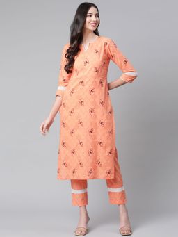 Indibelle - Cotton Peach Floral Print Straight Kurta