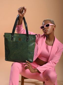 Ya Qalbi - Green Genuine Leather Tote Bag