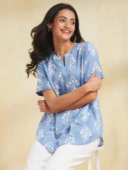 Fabindia - Blue Cotton Mandarin Neck Tunic