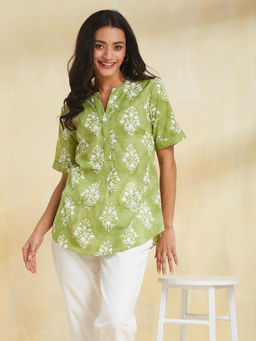 Fabindia - Green Cotton Mandarin Neck Tunic