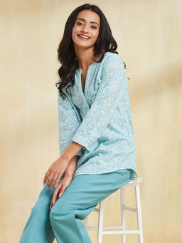 Fabindia - Blue Cotton Mandarin Neck Tunic