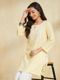 Fabindia - Yellow Cotton Round Neck Kurti