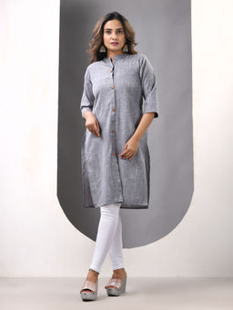 CHARUKRITI - Grey Cotton Mandarin Neck Kurta