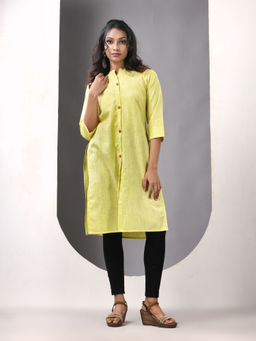 CHARUKRITI - Yellow Cotton Mandarin Neck Kurta