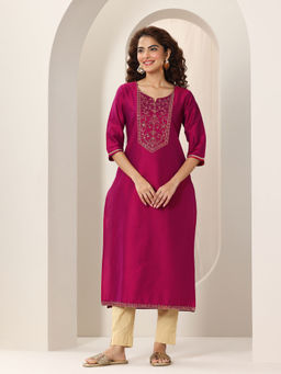 Libas - Pink Silk Round Neck Kurta