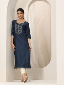 Libas - Navy Blue Silk Round Neck Kurta