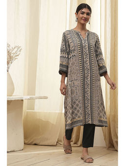 Biba - Grey Viscose Rayon Mandarin Neck Kurta