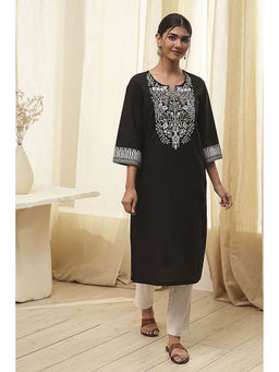 Biba - Black Cotton Round Neck Kurta
