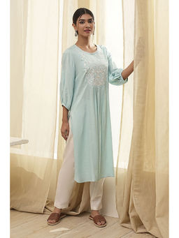 Biba - Blue Rayon Round Neck Kurta