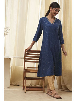 Biba - Blue Rayon V-Neck Kurta