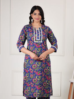 ARAMYA - Blue Cotton Round Neck Kurta