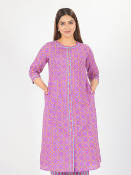 ARAMYA - Purple Cotton Round Neck Kurta