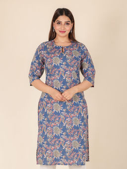 ARAMYA - Blue Cotton Keyhole Neck Kurta