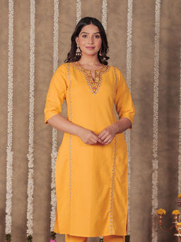 ARAMYA - Yellow Cotton Linen Keyhole Neck Kurta