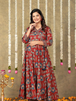 ARAMYA - Red Cotton V-Neck Kurta