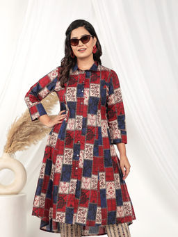 ARAMYA - Red Cotton Collar Neck Kurta