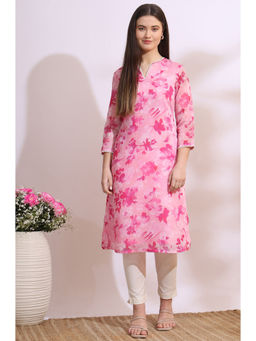 W - Pink Polyester V-Neck Kurta