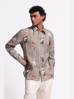Rohit Bal - Grey Floral Print Linen Shirt