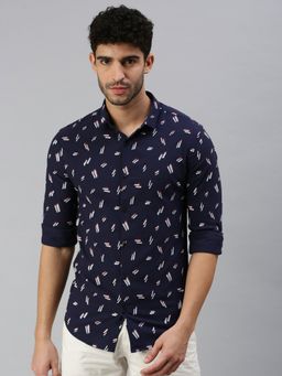 SHOWOFF - Men Roll-Up Sleeves Navy Blue Abstract Shirt