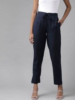 Yufta - Women Navy Blue Pure Cotton Slim Fit Trousers