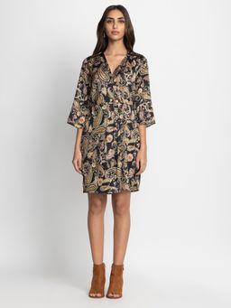 SHAYE - Black and Yellow Paisley Print Long Sleeves Casual Dress for Women